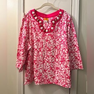 Embellished Ruby Rd 3X Pink & White Patterned Top